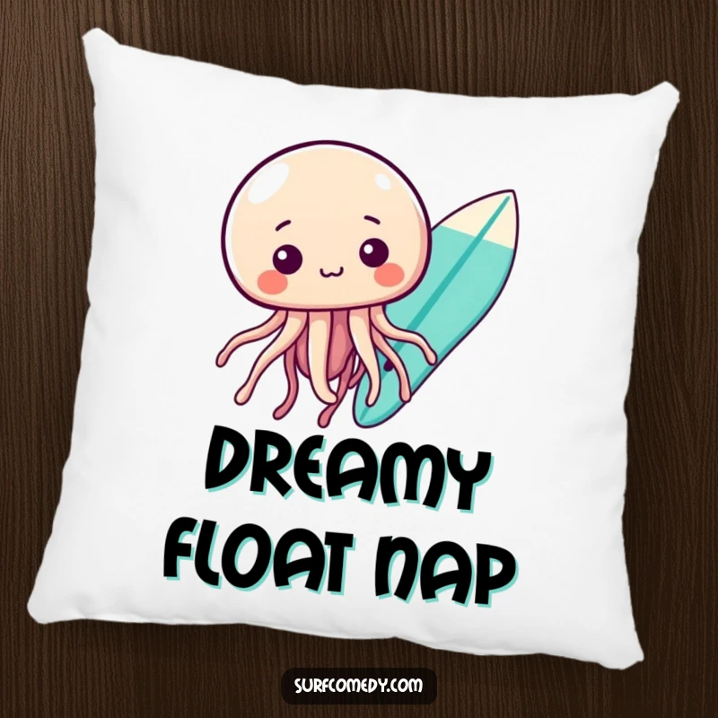 Funny kawaii jellyfish floating curiously near a surfboard, soft and comfortable funny pillow.