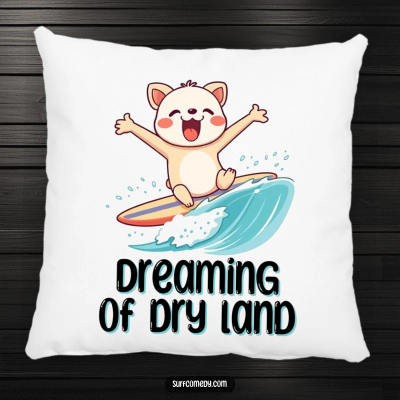 Funny pillow showing an animal character comically wiping out on a surfboard, arms flailing, a humorous and plush beach fail decoration.