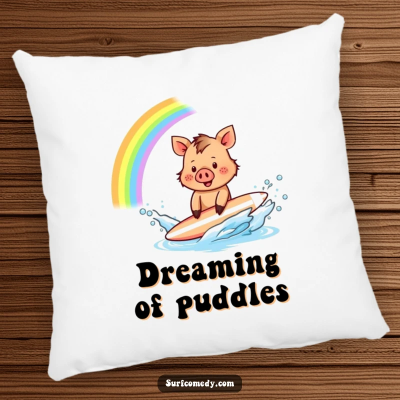 Funny Boar Surfer Pillow: A tiny boar creates a rainbow splash with its surfboard, bringing whimsical joy and comfort.