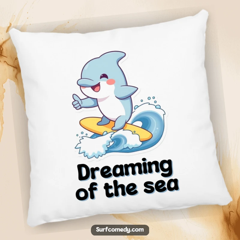 Funny dolphin pillow, smiling character surfing a wave, giving a thumbs up, cozy decor, ideal funny gift.
