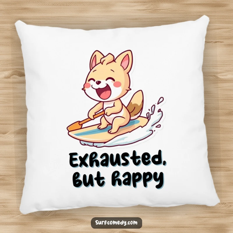 Funny pillow with an excited animal paddling furiously, surfboard trailing, offering comfortable and humorous decor.