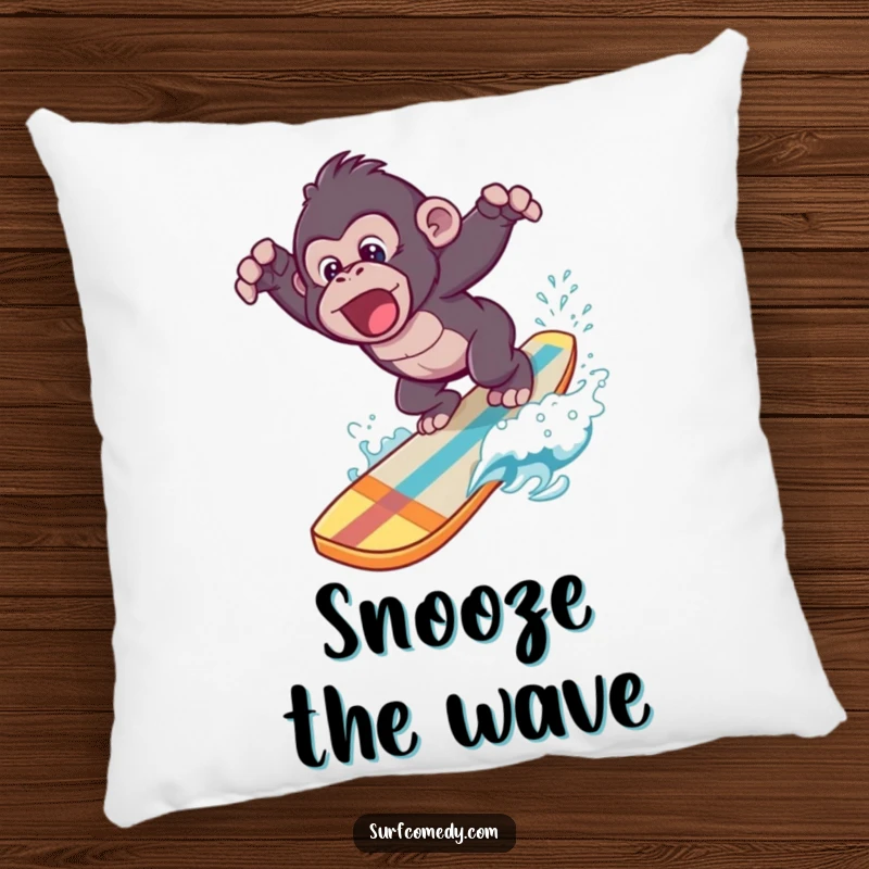 Funny pillow featuring a gorilla in a dynamic dive off a surfboard, adding a humorous touch to any room.
