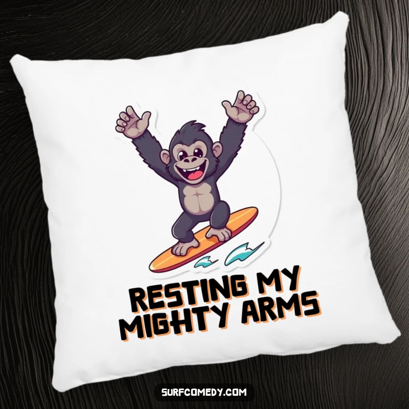Funny Gorilla Surfer Pillow: A triumphant gorilla balances on a surfboard, arms raised, bringing victory and humor to cushions.