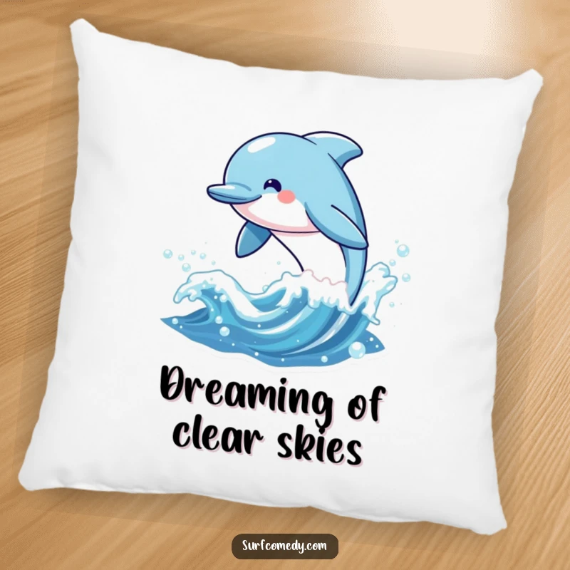 Funny pillow with a cheerful kawaii dolphin character leaping from a sparkling wave, symbolizing comfort and oceanic bliss.