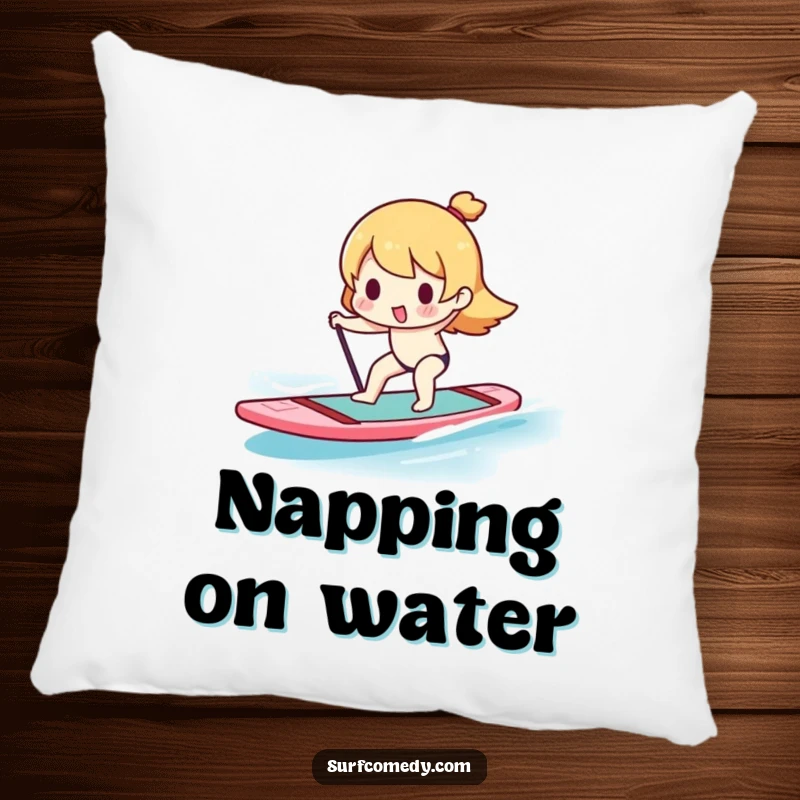 Funny Kawaii character balancing on a paddleboard, making this pillow a soft and humorous addition.