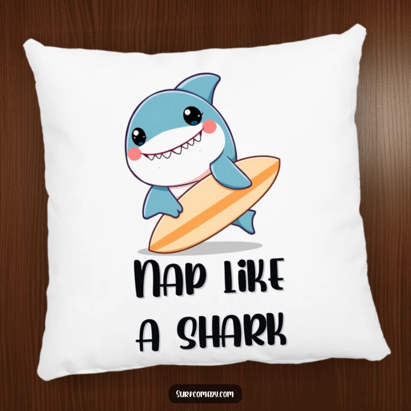 Funny kawaii shark character smiling widely, nudging a surfboard, soft and plush funny pillow.
