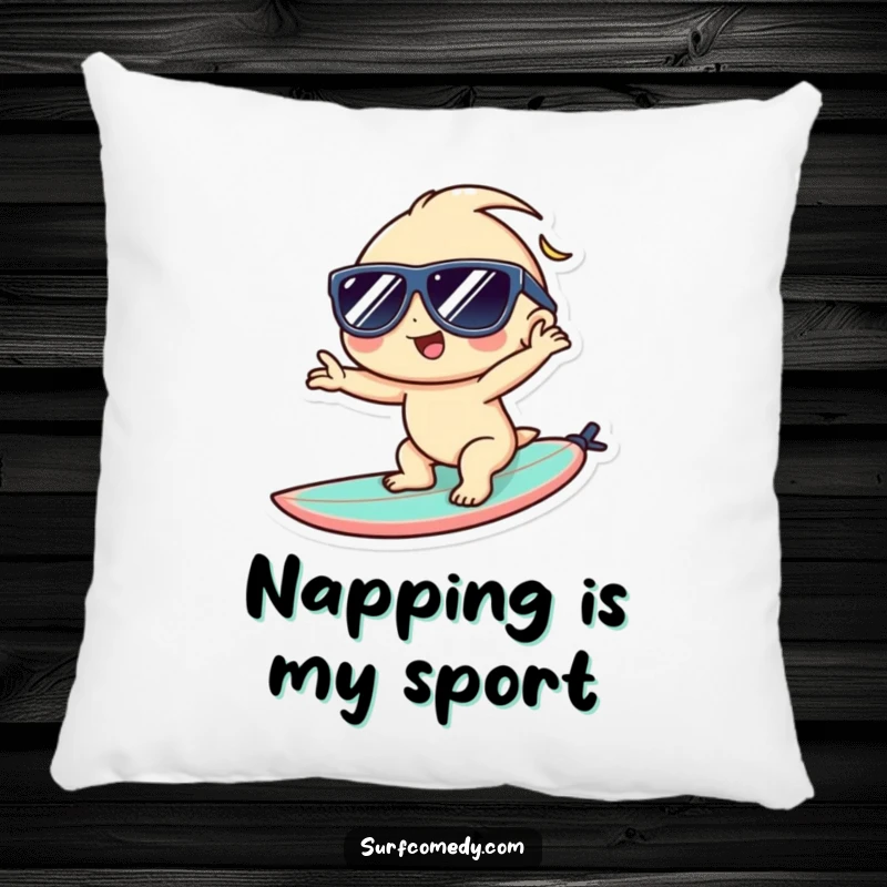 Funny Kawaii pillow showing a cool character in sunglasses on a surfboard, bringing chill beach vibes to your home.