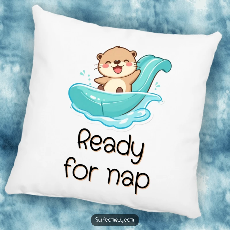 Funny otter character mid-slide on a water slide, designed for a soft and humorous pillow.