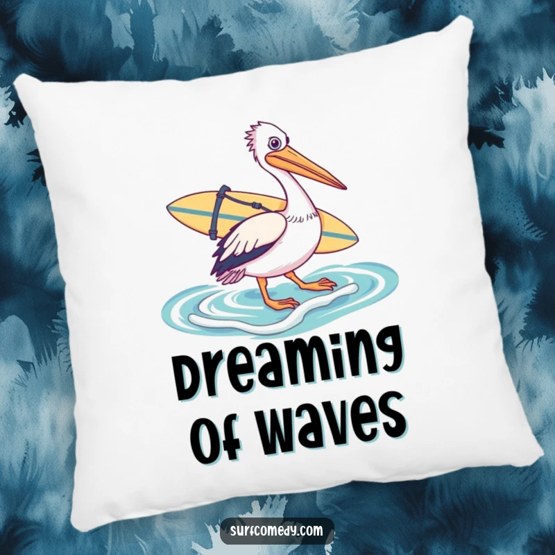 Funny pillow featuring a pelican with a surfboard, entering the ocean, adding a quirky and humorous touch to any room's decor.