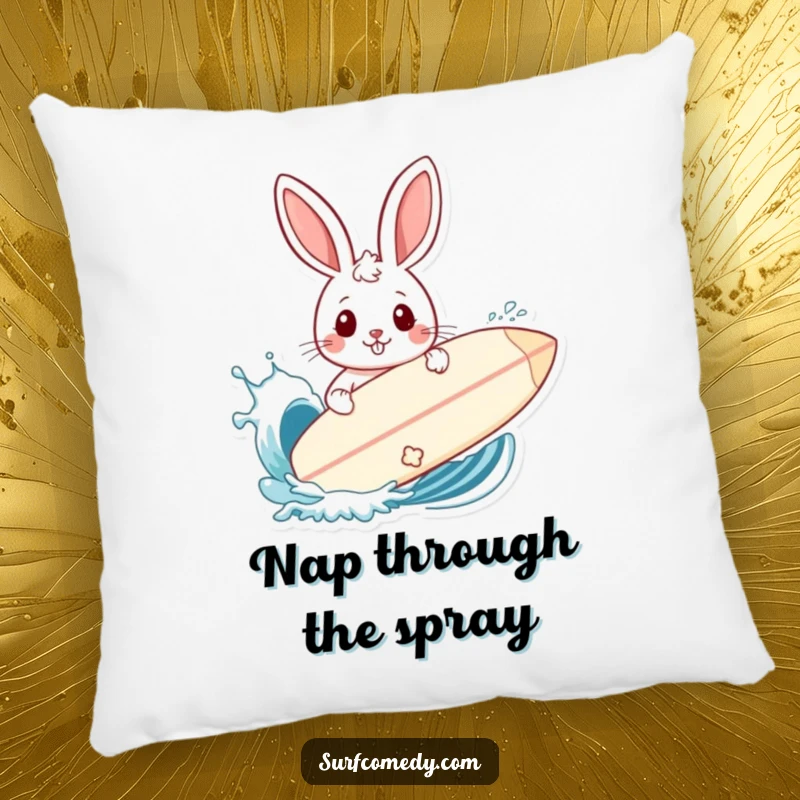 Funny pillow featuring a rabbit using a surfboard as a shield against an incoming playful wave splash.