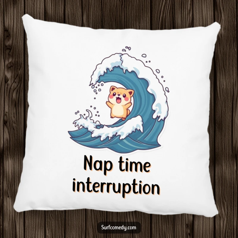 Funny pillow with a surprised animal character tossed into the air by a rogue wave, a humorous and plush decor item.