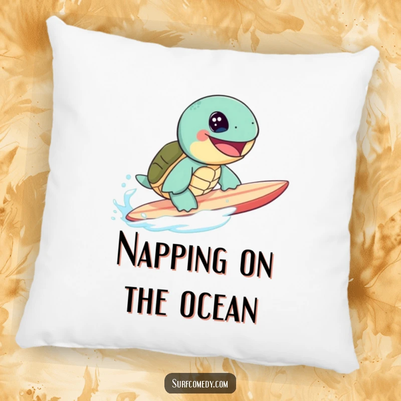 Cute sea turtle character grinning widely while surfing a surfboard, featured on a soft, decorative pillow.