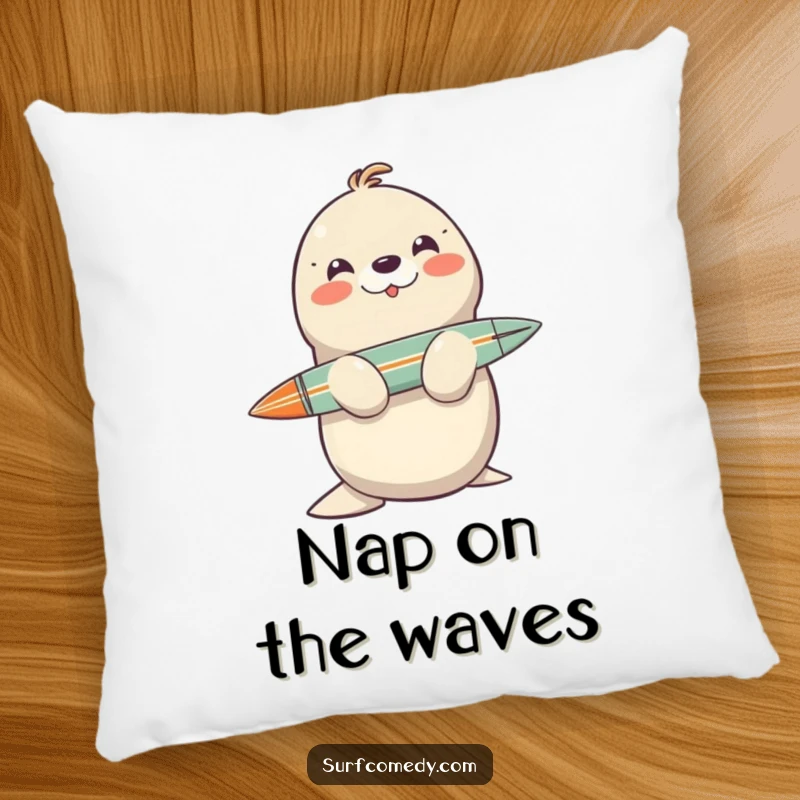 Soft funny pillow featuring a smiling seal character balancing a surfboard on its nose, perfect for decor.
