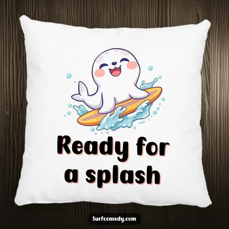Funny laughing seal character sliding off a surfboard into a refreshing splash, soft and humorous decor for beach lovers.