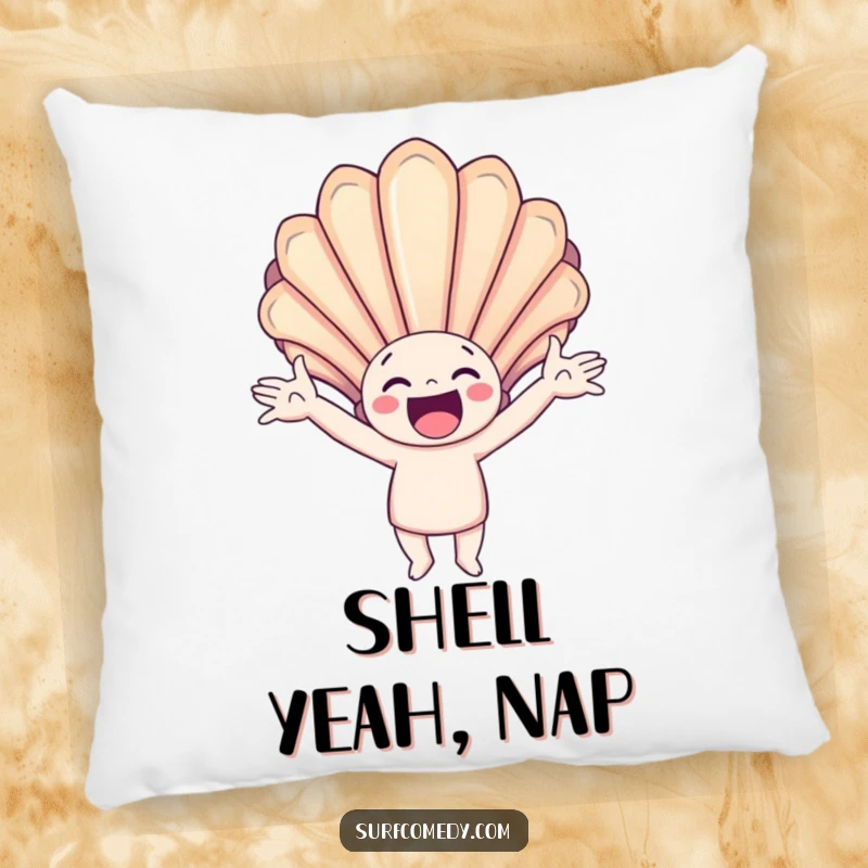 Funny pillow featuring a happy character with arms outstretched, catching a giant, colorful seashell, adding cozy beach humor.