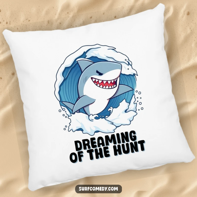 Funny determined shark character fiercely carving through a wave with a confident grin, soft and humorous decor for sea lovers.