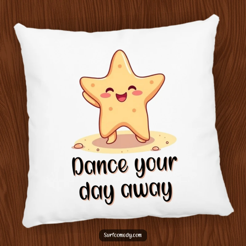 Funny decorative pillow showcasing a cheerful starfish dancing on a sandy beach, perfect for comfort and seaside decor.