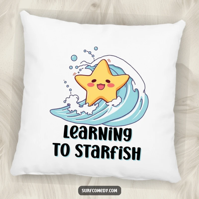 Funny pillow featuring a starfish character comically wiped out on a wave, adding soft humor to any seating area.