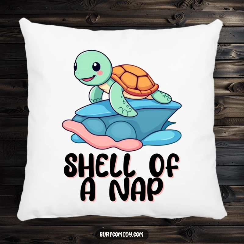 Funny pillow featuring a cheerful sea turtle surfing on a colorful shell, adding a playful and humorous touch to any room's decor.