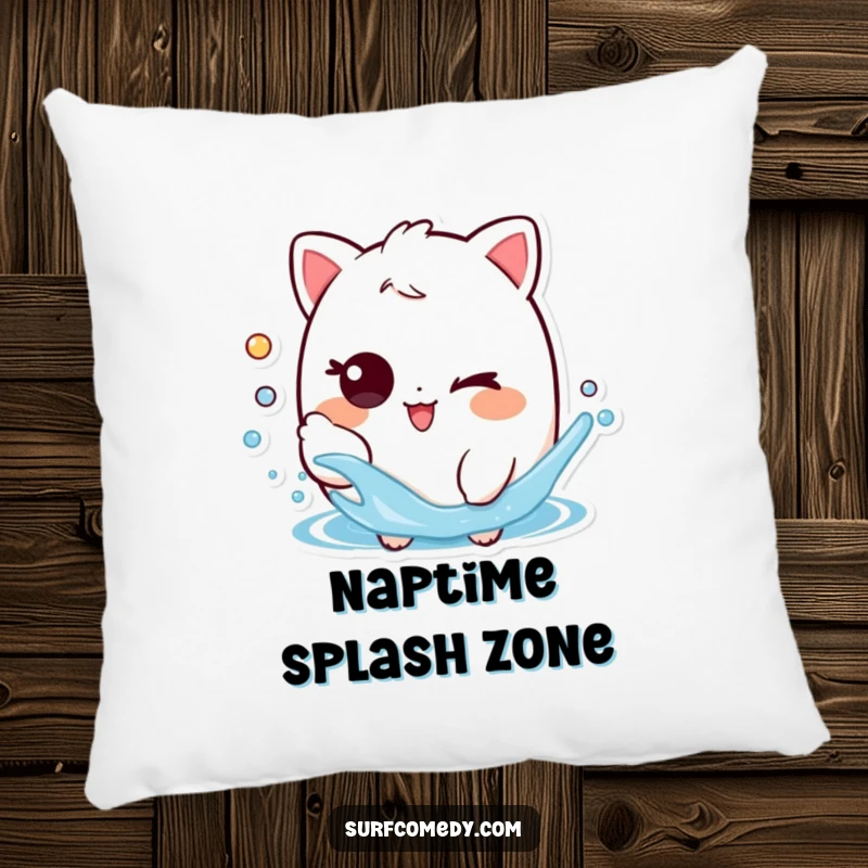 Funny pillow featuring a playful character with a mischievous wink, splashing water, perfect for adding cozy humor to any room.