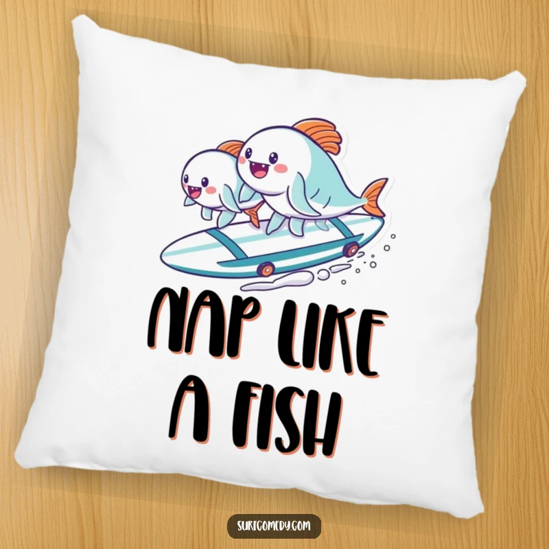 Funny kawaii fish characters enjoying a surf ride on a surfboard, a soft and humorous decorative pillow. A great funny gift.