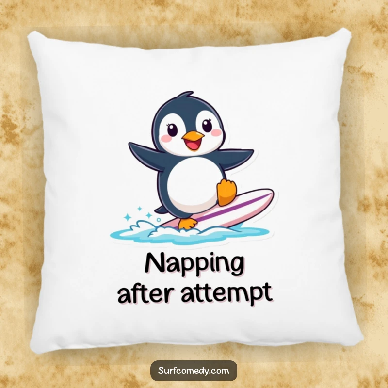 Smiling penguin character attempting to surf a small surfboard, featured on a soft, decorative pillow.