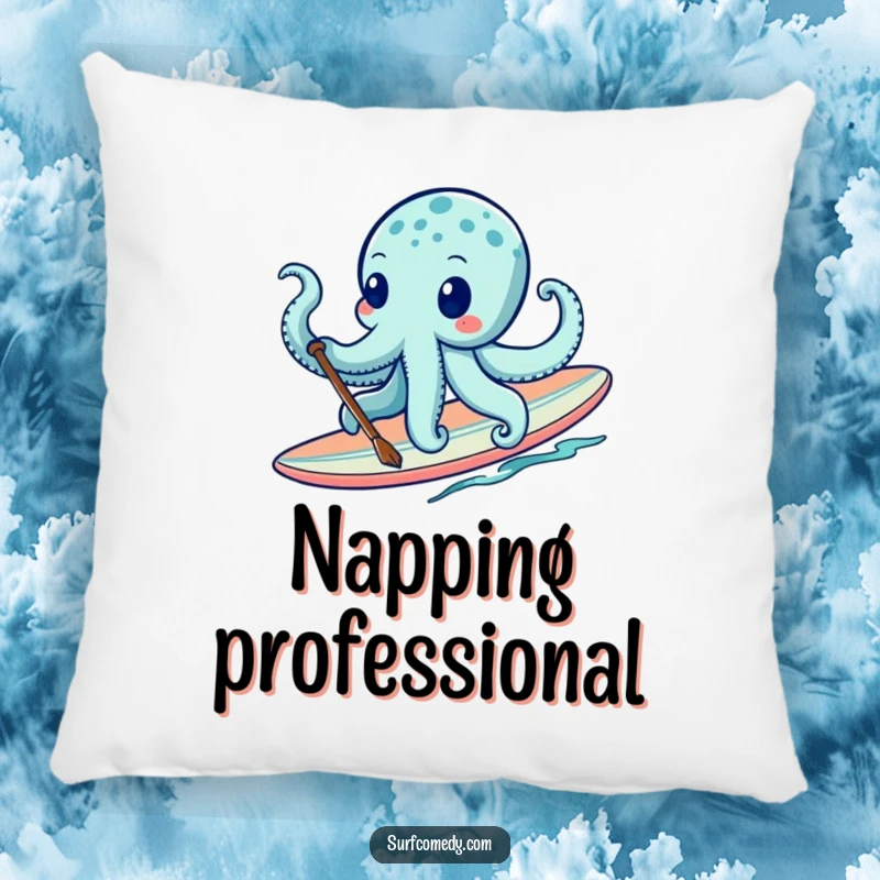 Funny octopus character surfing on a surfboard, depicted on a soft and humorous decorative pillow. A charming funny gift.