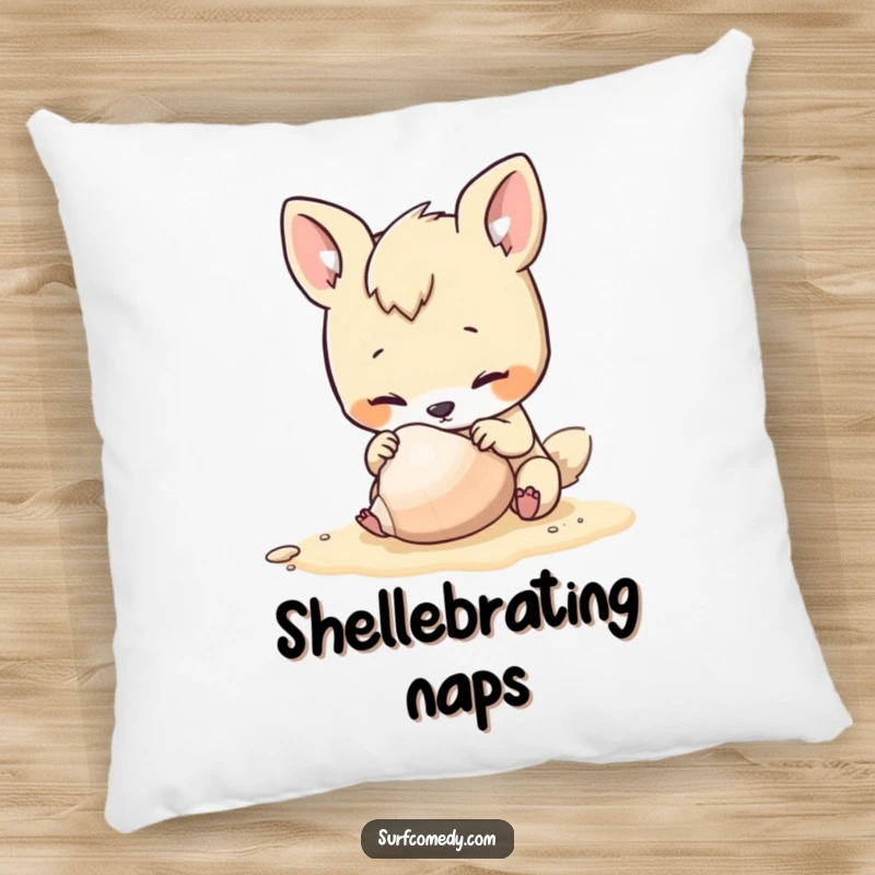 Funny pillow featuring a curious animal character inspecting a seashell on a beach, offering comfort and a humorous vibe.