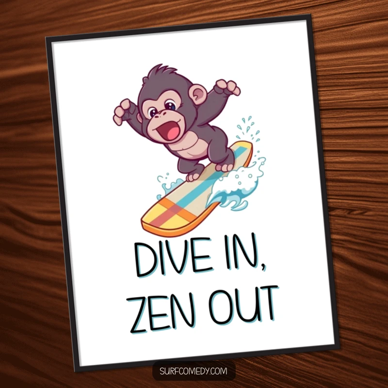 Funny digital art print of a gorilla executing a humorous dive from a surfboard into a bright blue ocean.