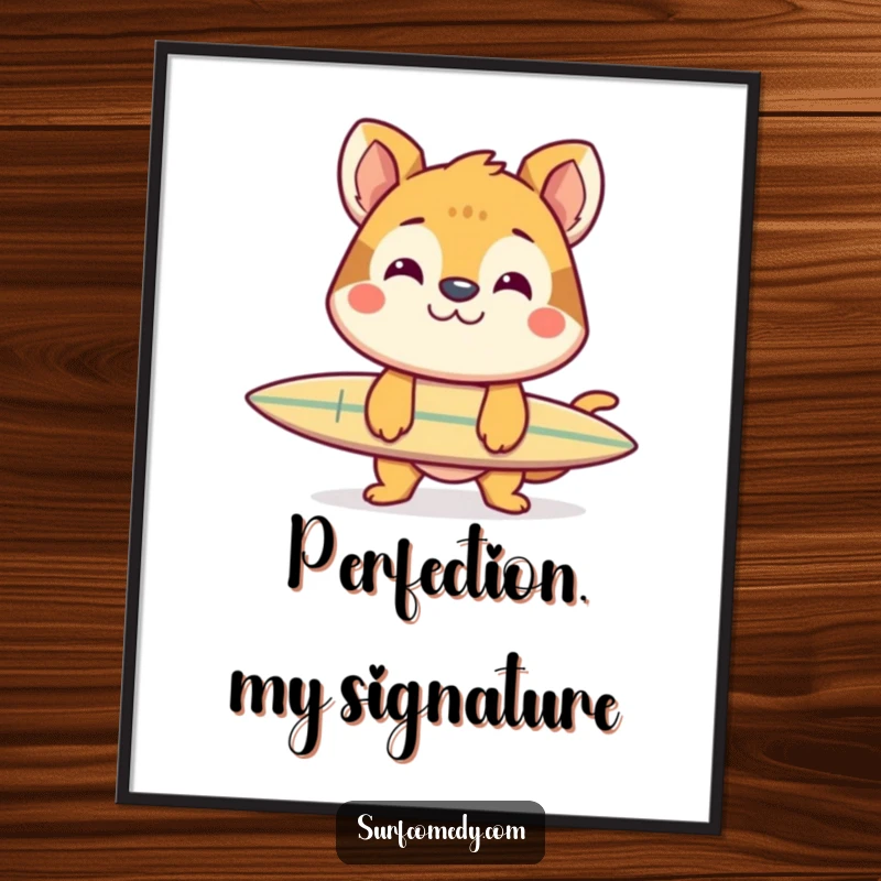 Funny digital art print of a cheerful animal grinning while balancing a surfboard on its nose, a humorous piece celebrating skill.