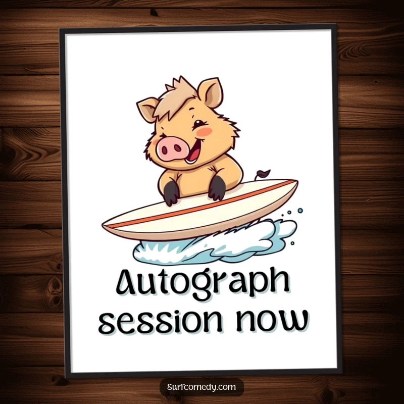 Funny digital art print of a happy boar signing autographs on a surfboard, capturing surf fame.