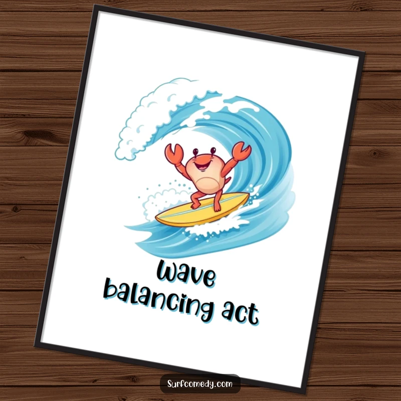 Funny happy crab character doing a handstand on a surfboard while riding a wave, high-resolution humorous artwork for instant beach vibes.