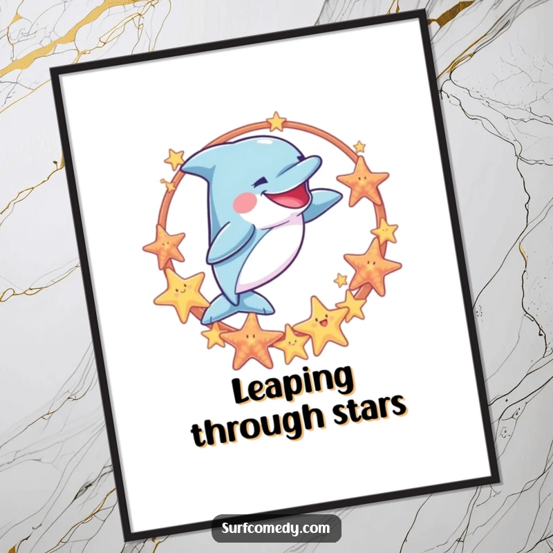 Funny digital art print of a goofy dolphin leaping through a sea star hoop, capturing playful energy and aquatic wonder for wall decor.