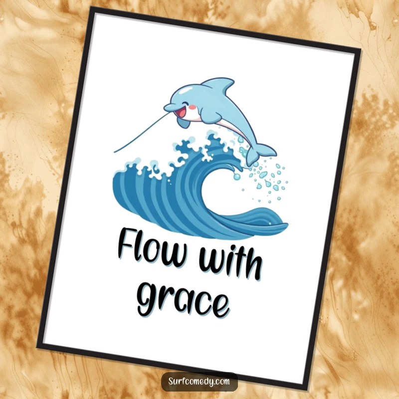 Funny digital art print of a happy dolphin character leaping dynamically over a stylized ocean wave, vibrant and full of life.