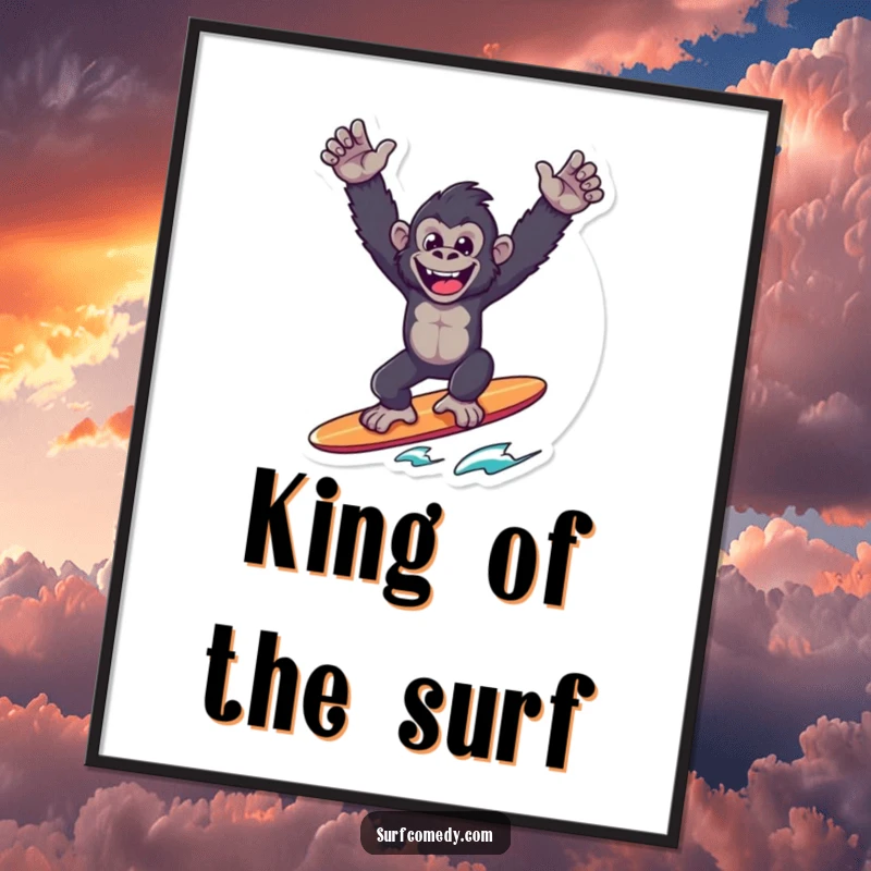 Funny Gorilla Surfer Digital Art: A joyful gorilla celebrates surfing victory, bringing bold energy and humor to wall art.