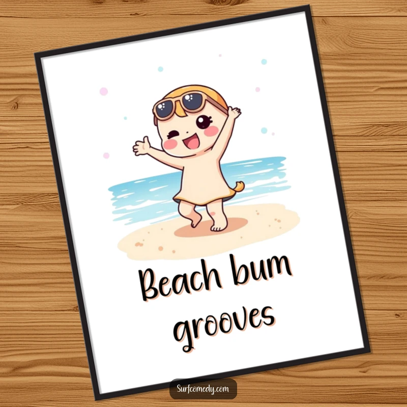Funny Kawaii character doing a silly dance on a sandy beach, a high-resolution digital art print for vibrant decor.