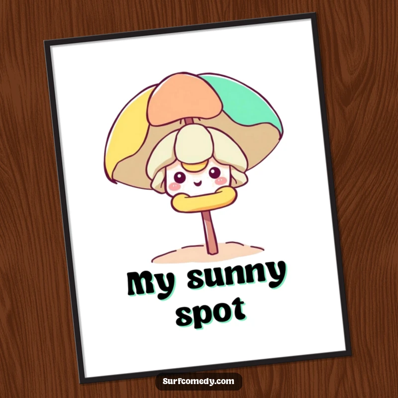 Funny Kawaii character smiling and peeking from a beach umbrella, a high-resolution digital art print for cheerful decor.