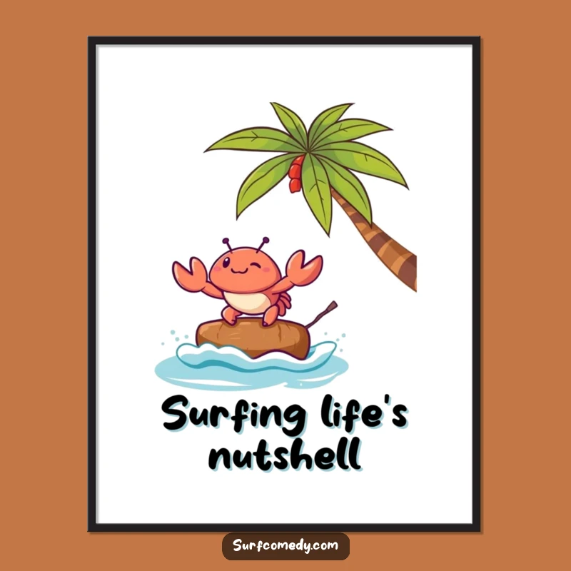 Funny Kawaii Crab Coconut Surf Digital Art: Instant Beach Charm Print, Perfect Funny Gift