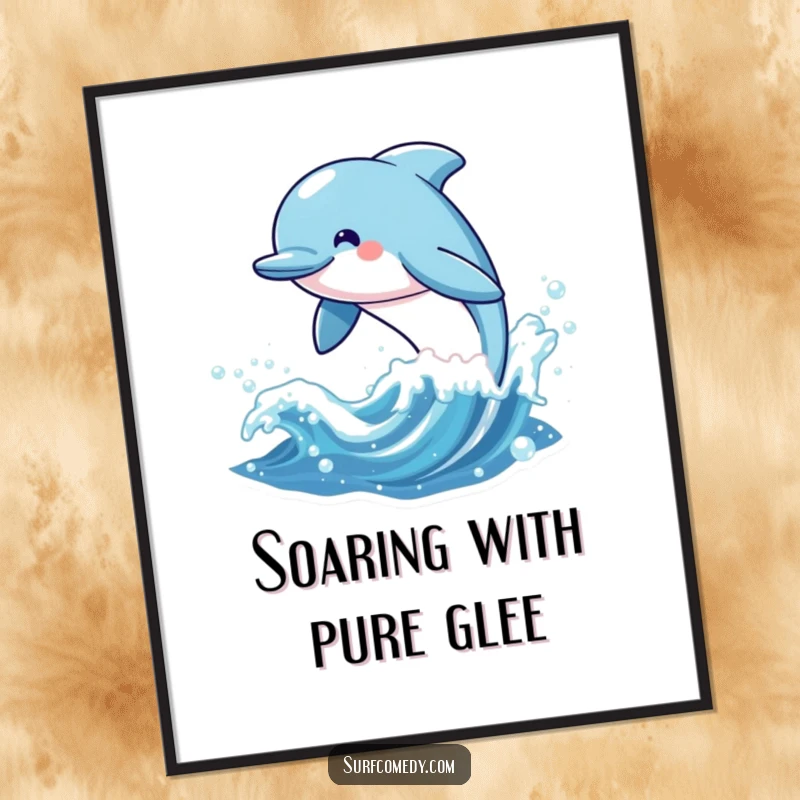 Funny digital art print of a cheerful kawaii dolphin character leaping exuberantly from a sparkling wave, ideal for instant wall decor.