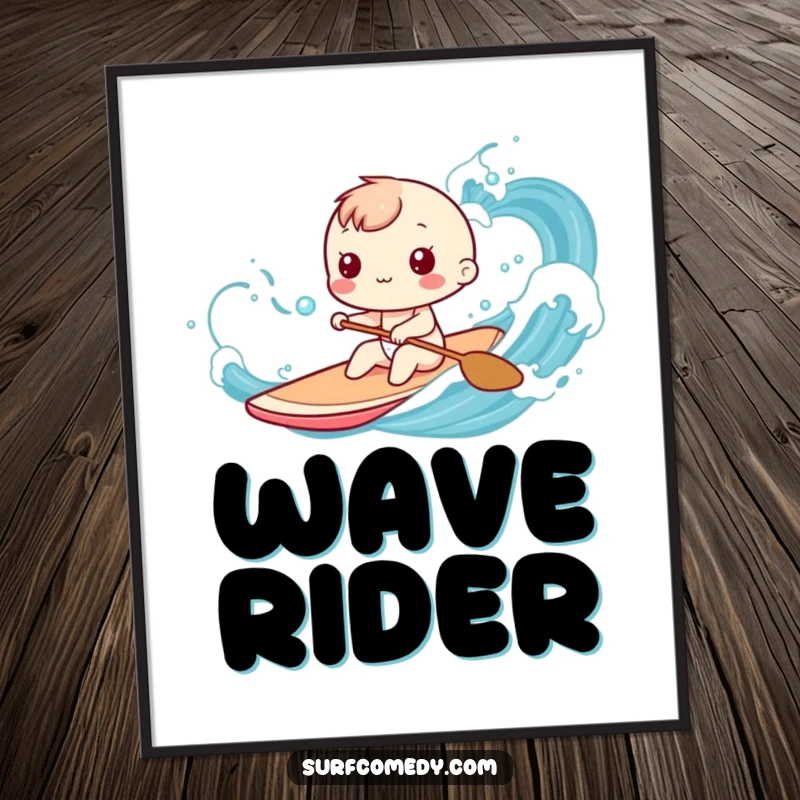 Funny Kawaii character digital art print depicting playful paddling through stylized ocean waves, great for instant funny gift decoration.