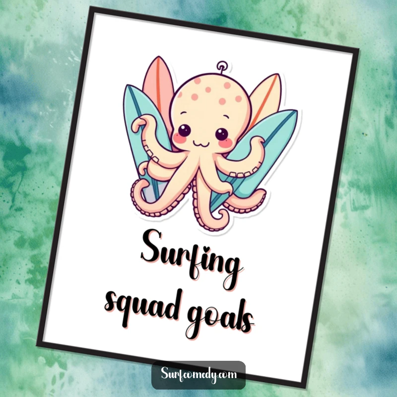 Funny kawaii octopus character holding many surfboards with its tentacles, digital download funny art print.