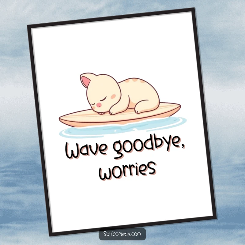 Funny digital art print of a sleepy animal character peacefully napping on a surfboard in calm waters, ready for download.