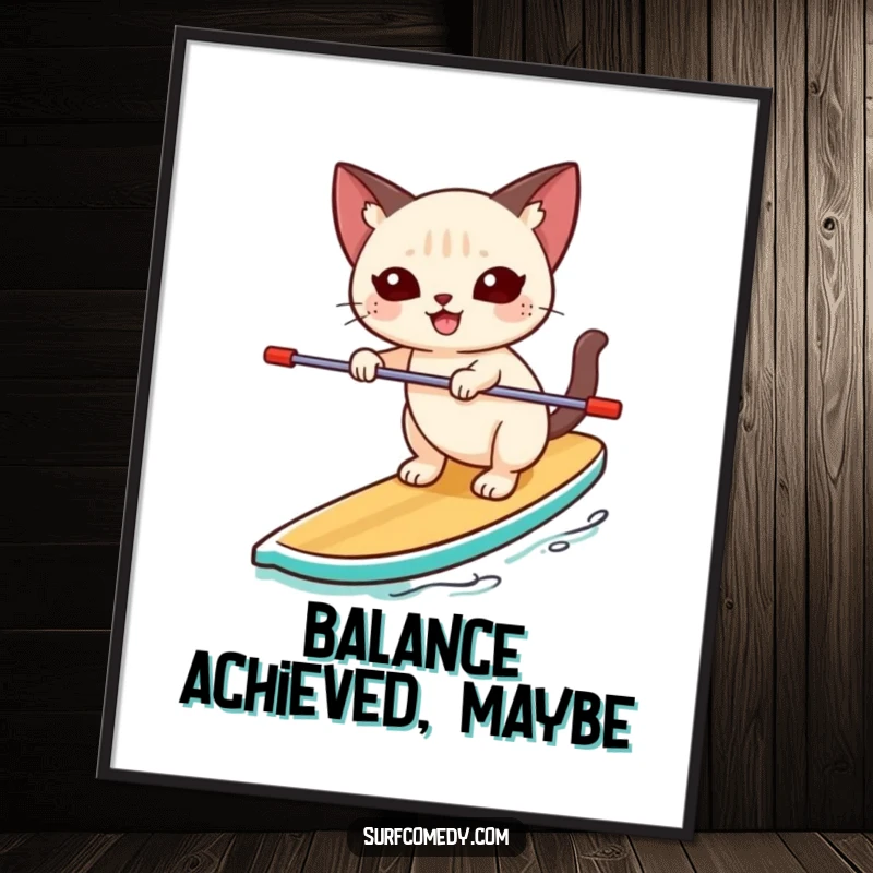 Funny Siamese cat happily balancing unsteadily on a paddleboard, presented as a digital art print for instant water fun.