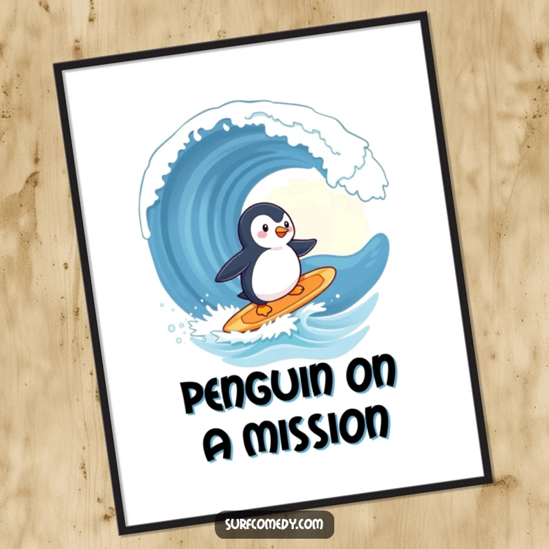 Funny penguin digital art print, cute character surfing a surfboard, heading towards a giant wave, adventurous decor, perfect funny gift.