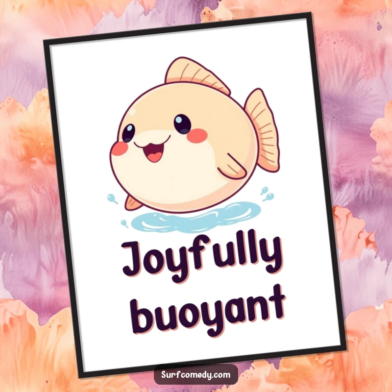 Funny digital art print of a joyful, inflated pufferfish bobbing on the water, perfect for adding a splash of aquatic humor.