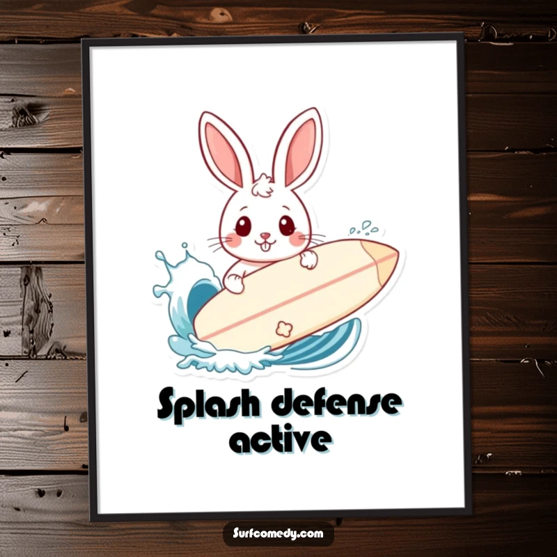 Funny digital art print of a rabbit using a surfboard as a shield against a playful wave splash.