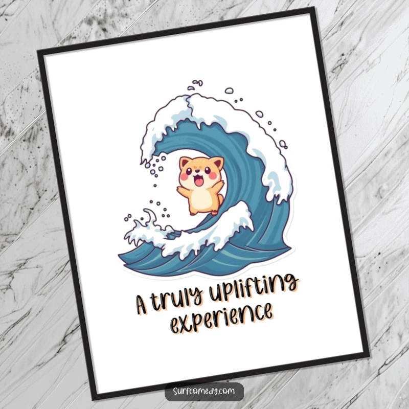 Funny digital art print of a surprised animal character being tossed into the air by a rogue wave, a humorous piece for walls.