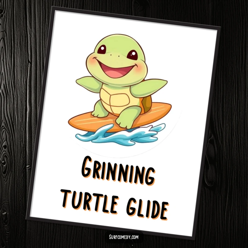 Funny cute sea turtle with a huge grin, riding a surfboard, offered as vibrant digital art.