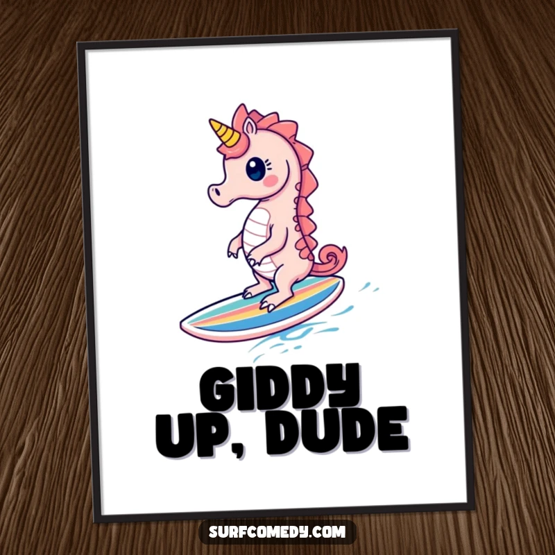 Funny Seahorse Digital Art: A high-resolution print of a cute seahorse character joyfully surfing on a tiny surfboard, full of humor.