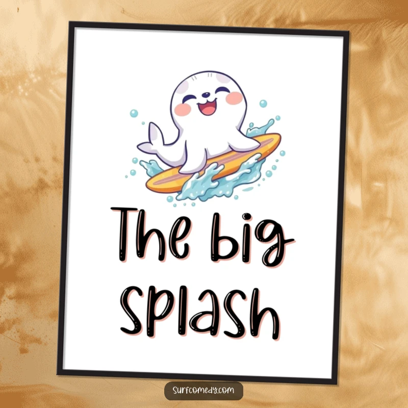 Funny laughing seal character sliding off a surfboard into a refreshing splash, high-resolution humorous artwork for instant beach vibes.
